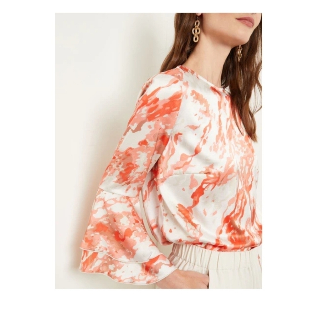 Misook Flounce Sleeve Blouse Jewel Neck‎ Print Crepe de Chine Size Small